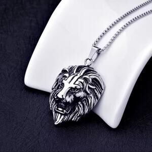 Silver Tone Lion Head Pendant Men's Alpha Statement Necklace Gift 3mm Box Chain